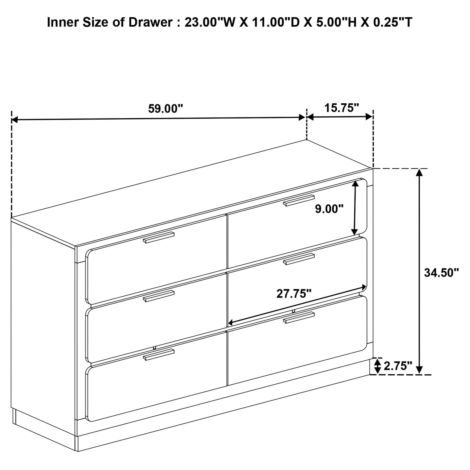 Sophia 4 Piece Bedroom Set — blueprint of a four-drawer dresser 59W×34.5H×27.75D on Tampa Home & Garden Store