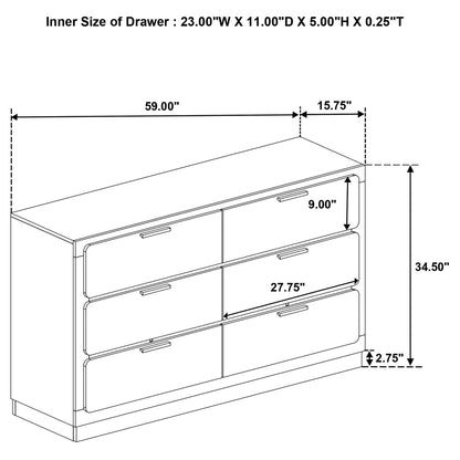 Sophia 4 Piece Bedroom Set — blueprint of a four-drawer dresser 59W×34.5H×27.75D on Tampa Home & Garden Store