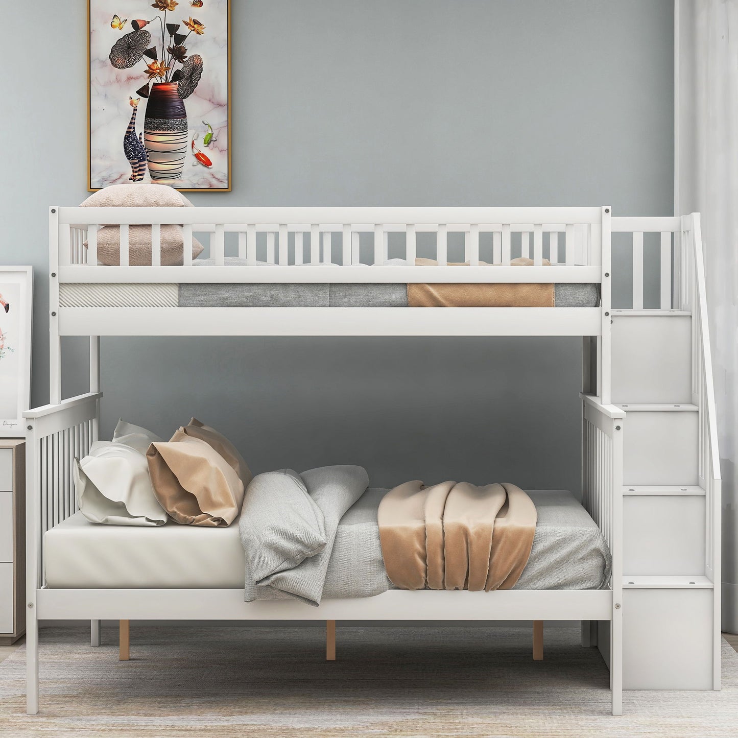 Bunk bed with staircase, white finish, HouseOfZazla, gray bedding on Tampa Home & Garden Store