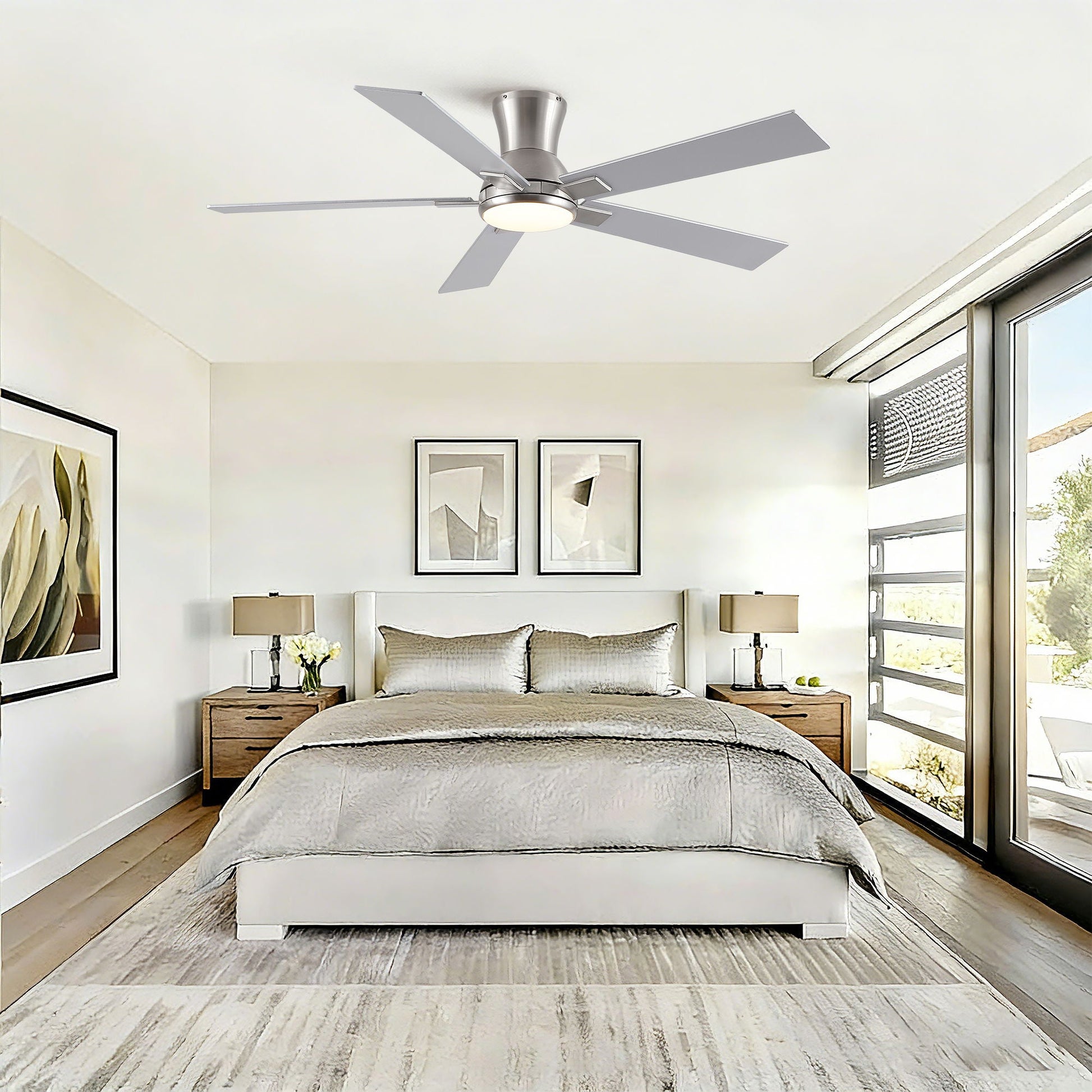 HouseOfZazla low-profile LED ceiling fan with integrated light, 5 brushed-nickel blades on Tampa Home & Garden Store