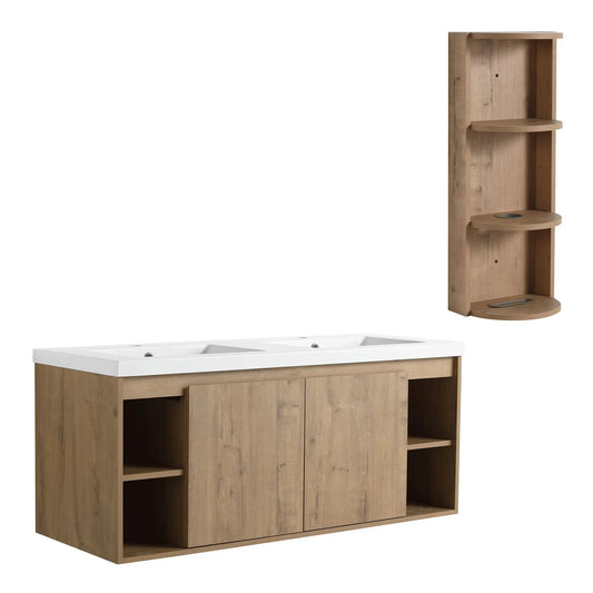 Modern 48in oak vanity cabinet with curved open storage shelves and white countertop on Tampa Home & Garden Store