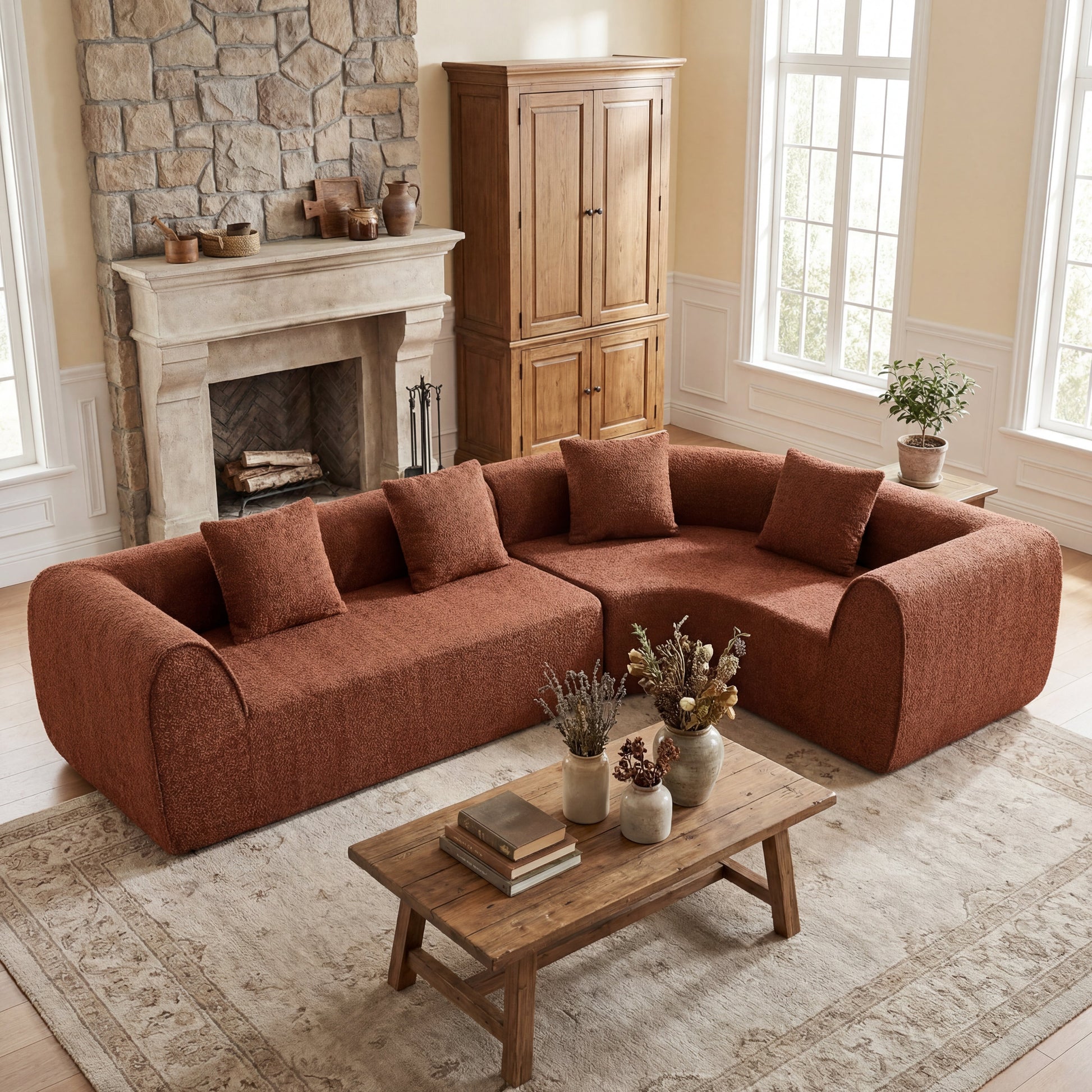 110in Modern Curved L-Shaped Modular Sectional Sofa by HouseOfZazla in rust-brown fabric on Tampa Home & Garden Store