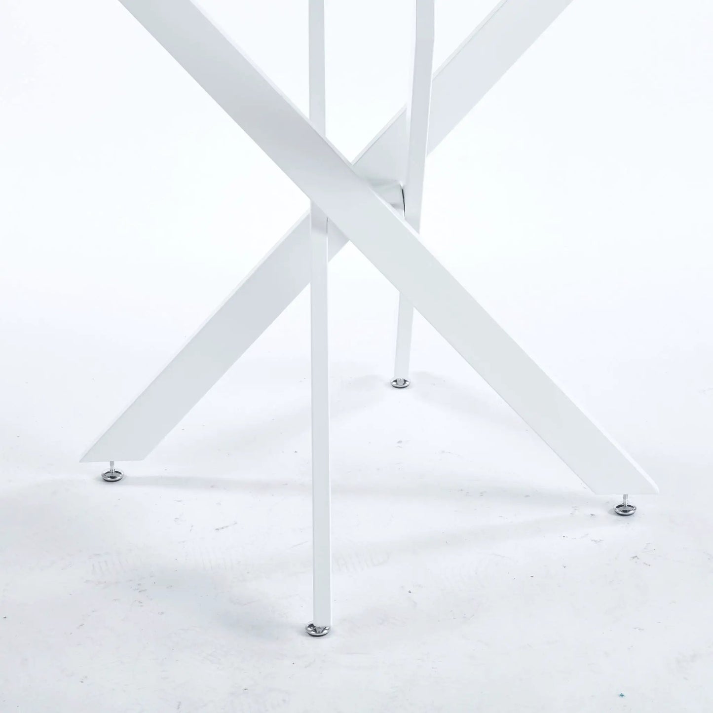 White dining table with cross metal legs and chrome feet for modern spaces on Tampa Home & Garden Store