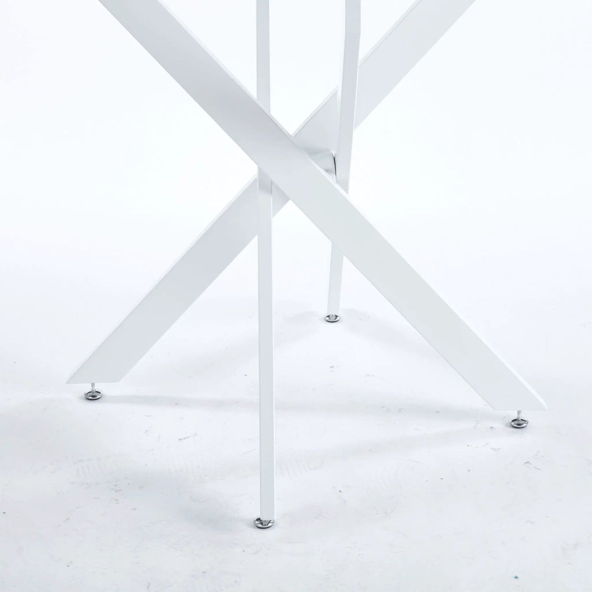 White dining table with cross metal legs and chrome feet for modern spaces on Tampa Home & Garden Store