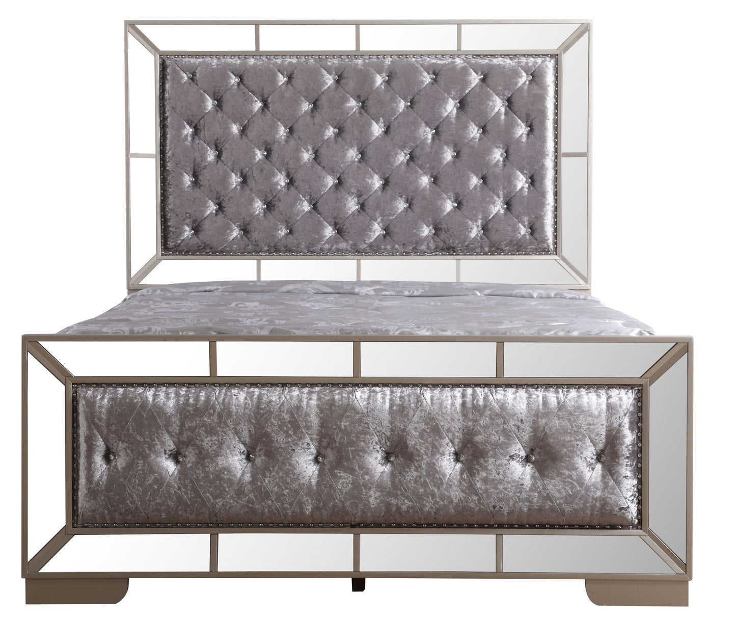 Stylish Contemporary Panel Bed with gray velvet tufted headboard and mirrored metal frame on Tampa Home & Garden Store