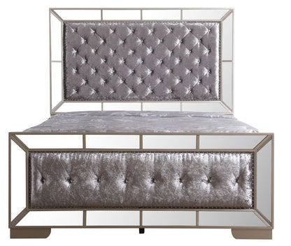 Stylish Contemporary Panel Bed with gray velvet tufted headboard and mirrored metal frame on Tampa Home & Garden Store