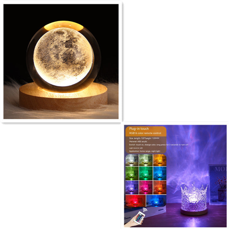 LED moon-projection night light with crystal sphere on wooden base, warm amber glow USB powered on Tampa Home & Garden Store
RGB LED night light with remote control, crystal base and 16-color options on Tampa Home & Garden Store