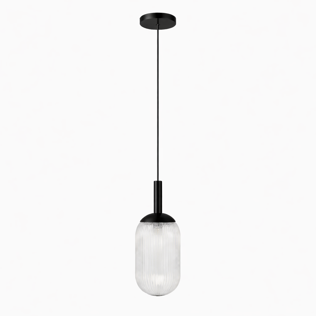 Giza pendant lamp by HouseOfZazla, black cord, clear ribbed glass shade on Tampa Home & Garden Store