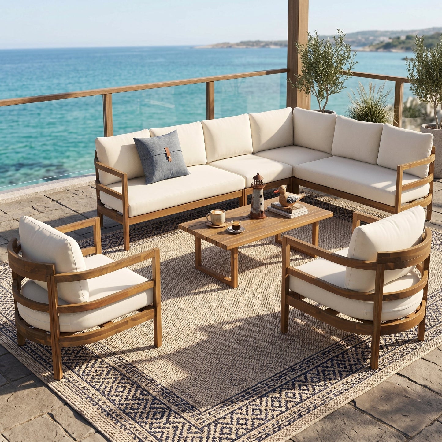 Outdoor Acacia Wood 7-Seater Sectional Sofa Set with cream cushions by HouseOfZazla on Tampa Home & Garden Store