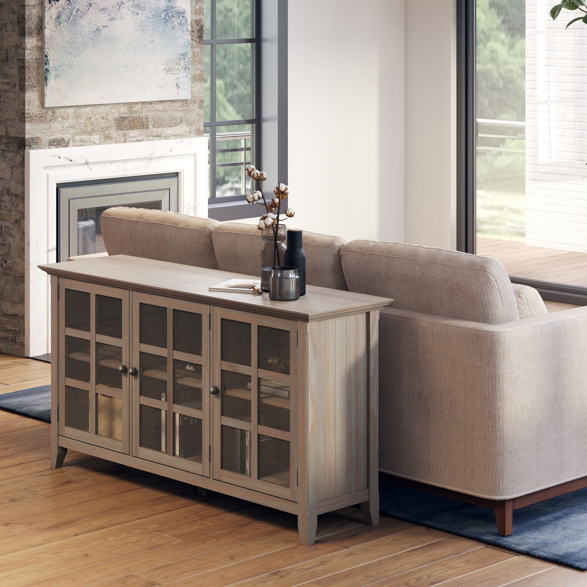 Acadian Wide Storage Cabinet handcrafted in warm wood with glass-panel doors by HouseOfZazla on Tampa Home & Garden Store