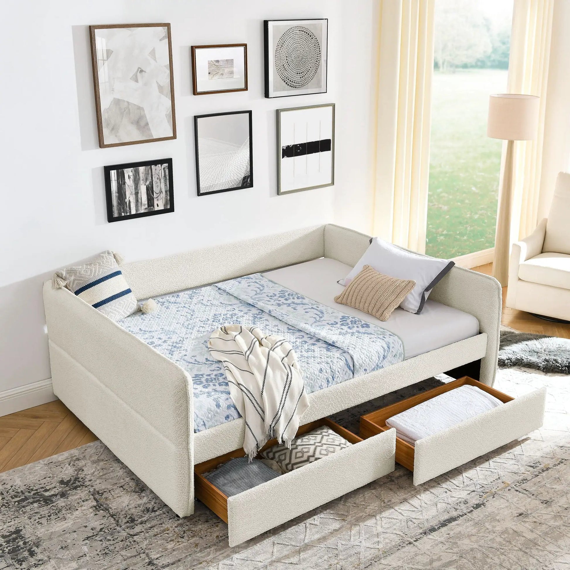 Upholstered daybed with 2 under-bed storage drawers in beige fabric in a living room on Tampa Home & Garden Store