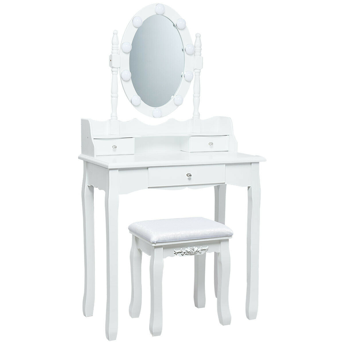Oval Mirror Vanity Set  with 10 LED Dimmable Bulbs and 3 Drawers-Black