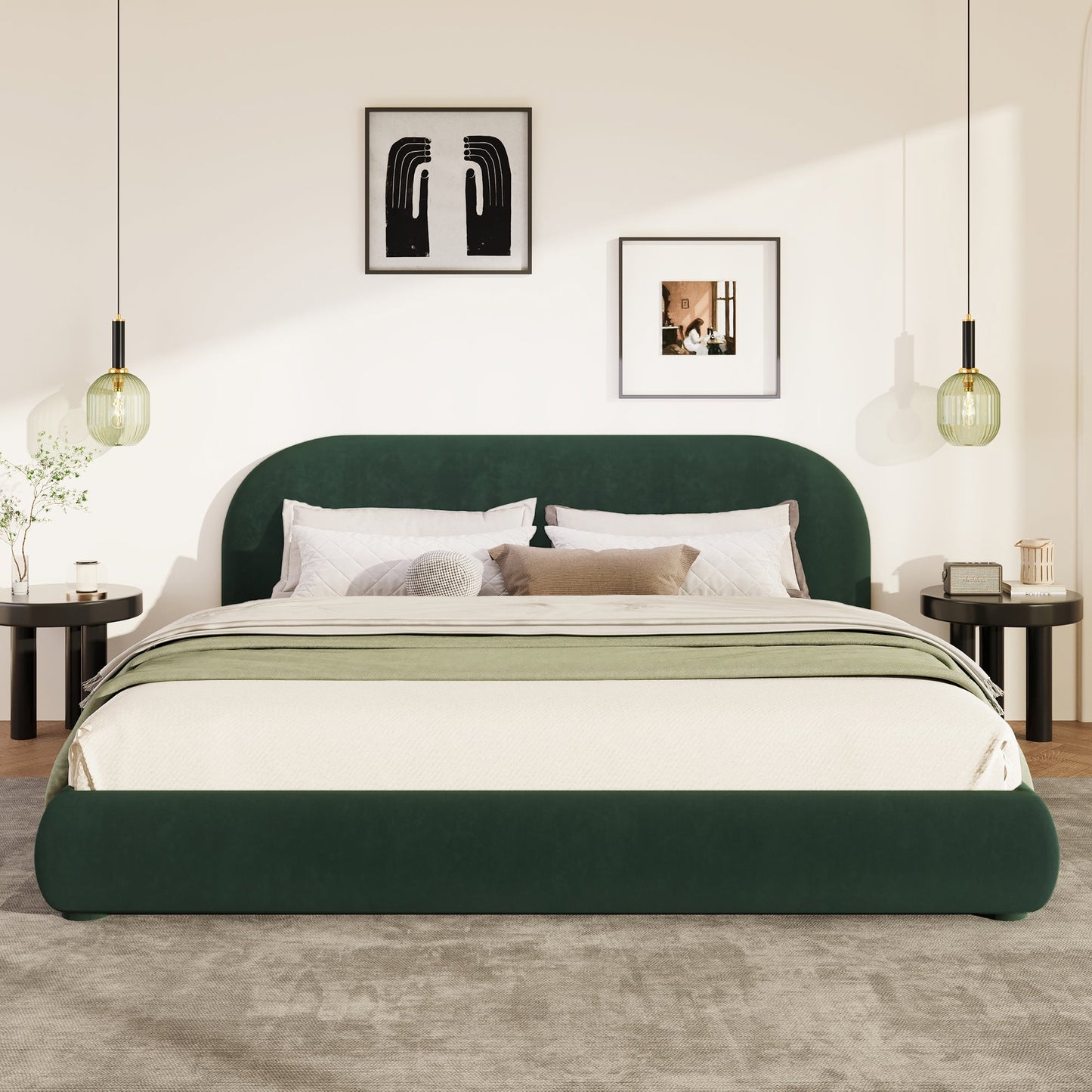 Dark Green Velvet Bed Frame and Curved Headboard