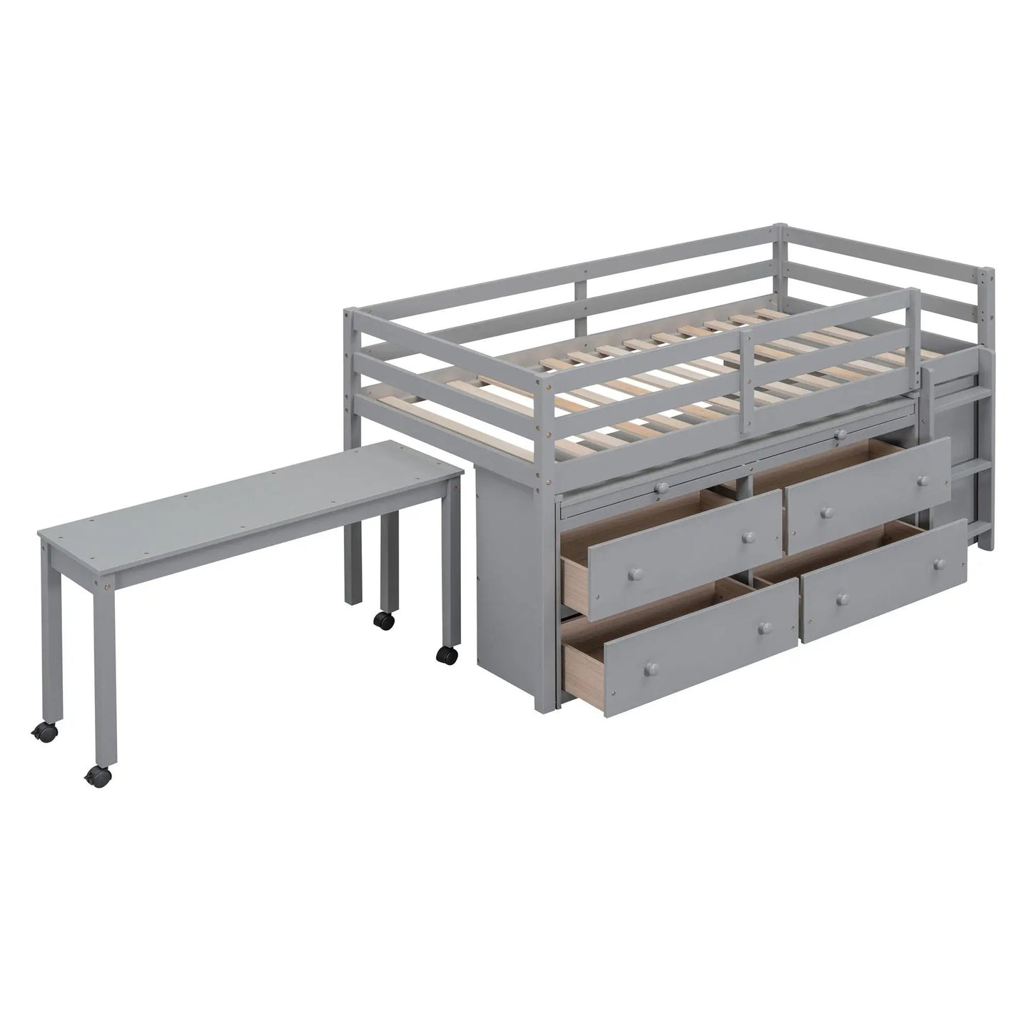 Loft bed with retractable writing desk and four drawers in gray on Tampa Home & Garden Store