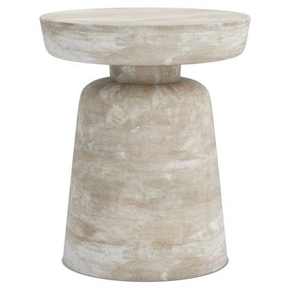 Robbie - Handcrafted Accent Table, round distressed beige wood with pedestal base on Tampa Home & Garden Store