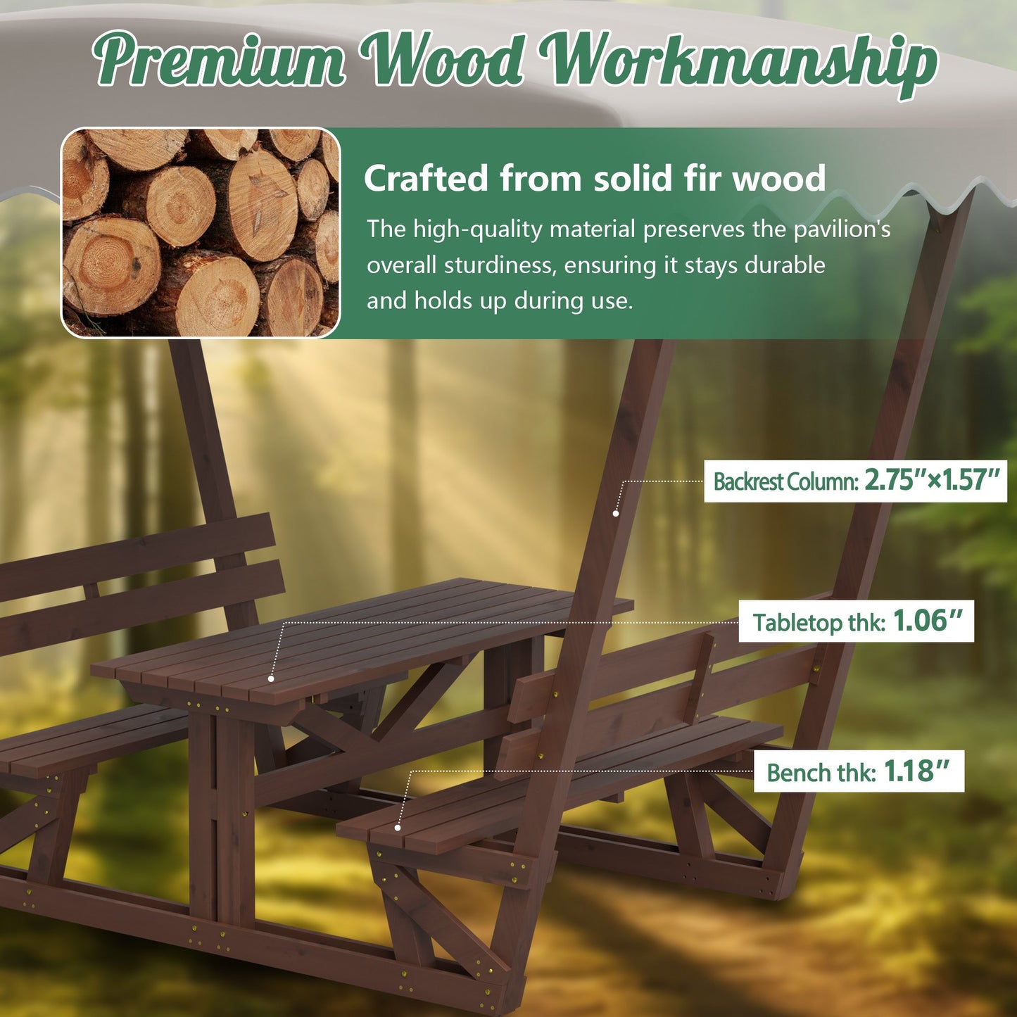Outdoor Solid Wood Picnic Table with Canopy