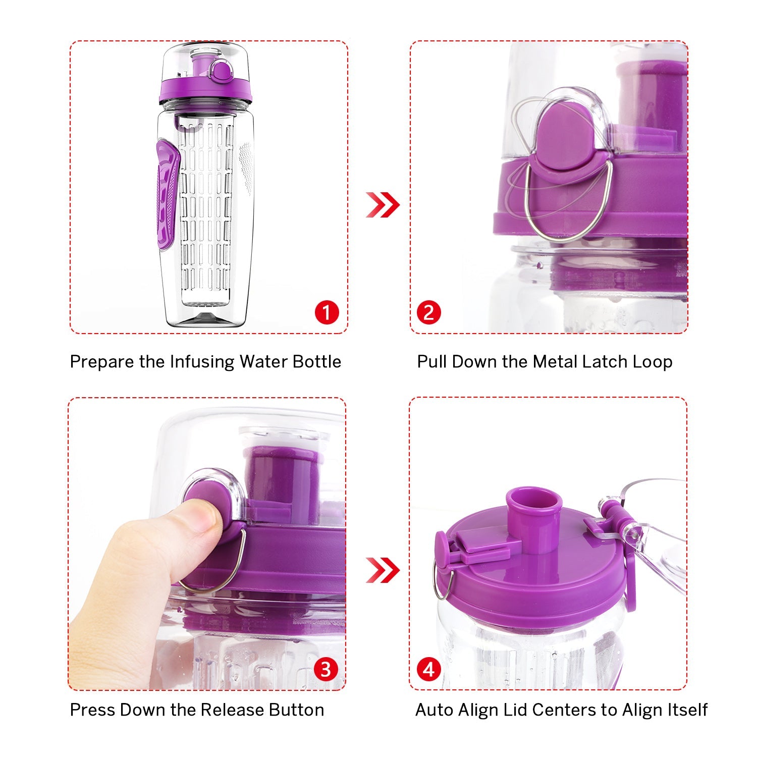 GemGear Fruit Infuser Water Bottle 32oz with purple flip-top lid and anti-slip grip on Tampa Home & Garden Store
