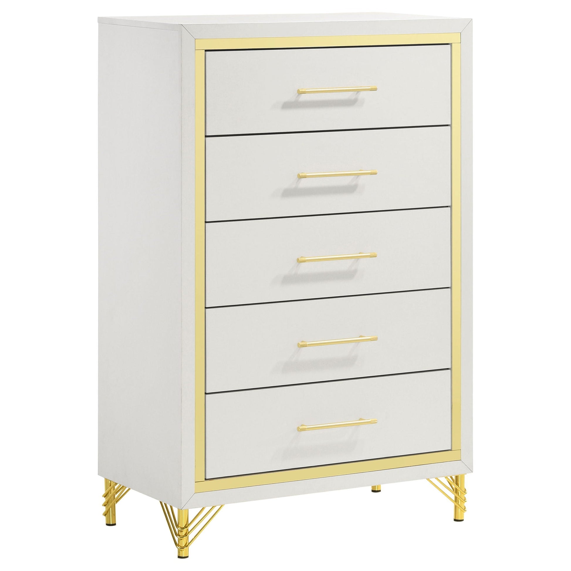 Malcolm dresser 5-drawer by HouseOfZazla, white-gray finish with gold trim and legs on Tampa Home & Garden Store