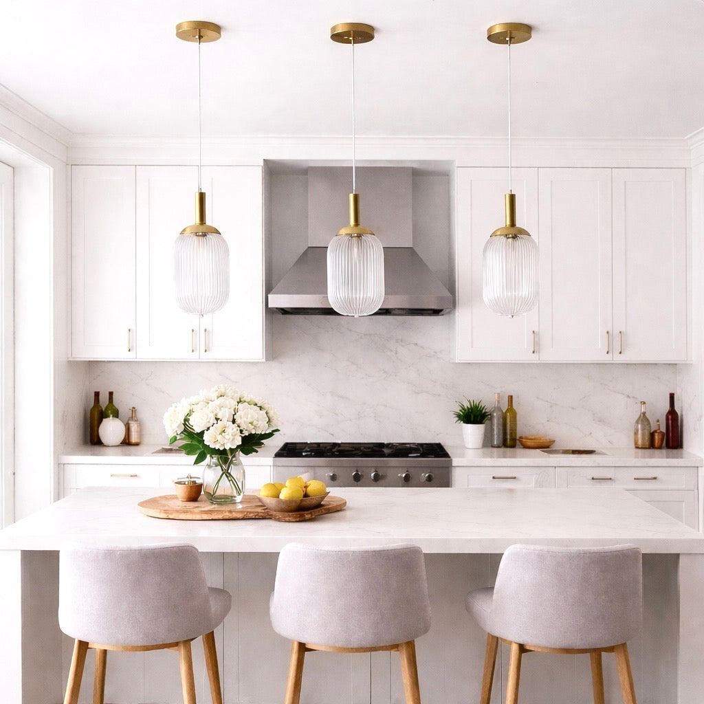 Gemma Pendant Lamp HouseOfZazla three brass pendants ribbed glass shades over white island on Tampa Home & Garden Store