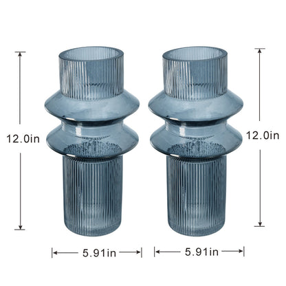 Clear Blue Glass Ribbed Accent Vases Set of 2