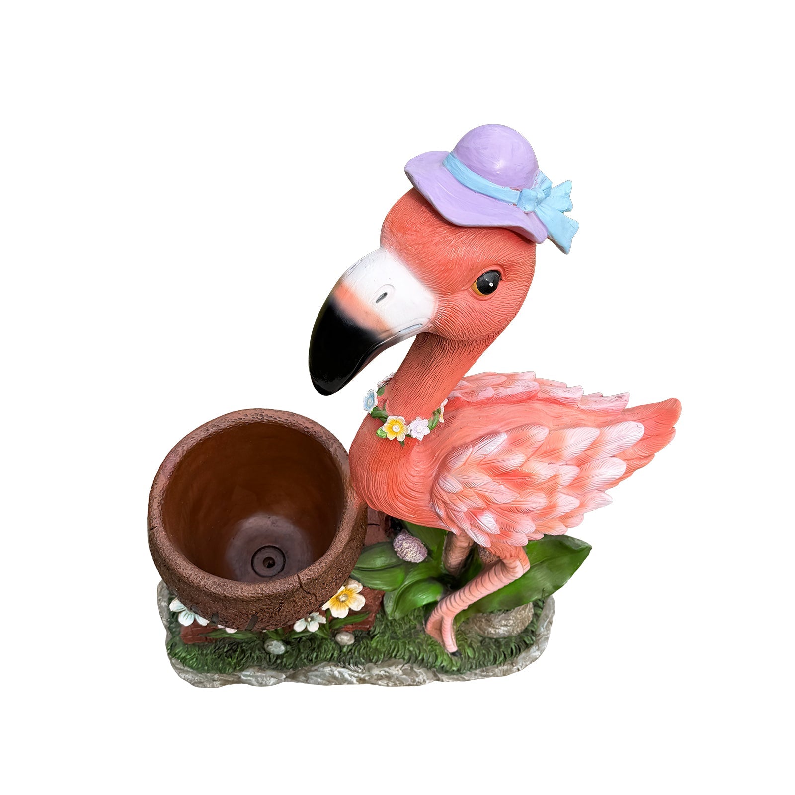 Outdoor Flamingo flower pot planter statue in pink with purple hat by HouseOfZazla on Tampa Home & Garden Store