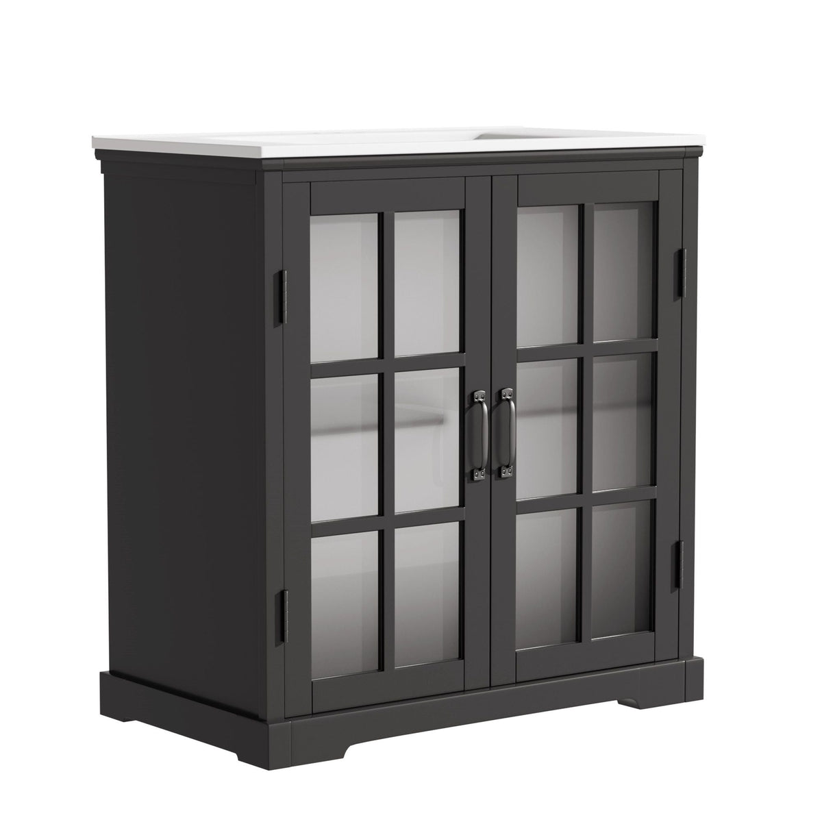 Modern bathroom vanity with ceramic sink, dark gray cabinet and tempered blurred glass doors HouseOfZazla on Tampa Home & Garden Store