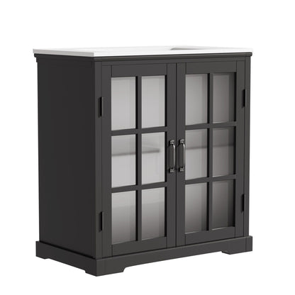 Modern bathroom vanity with ceramic sink, dark gray cabinet and tempered blurred glass doors HouseOfZazla on Tampa Home & Garden Store