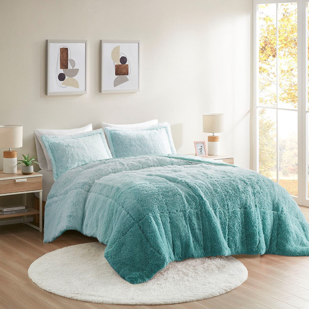 Full/Queen Ombre Shaggy Long Fur Comforter Mini Set by HouseOfZazla in teal with shams on Tampa Home & Garden Store