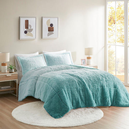 Full/Queen Ombre Shaggy Long Fur Comforter Mini Set by HouseOfZazla in teal with shams on Tampa Home & Garden Store