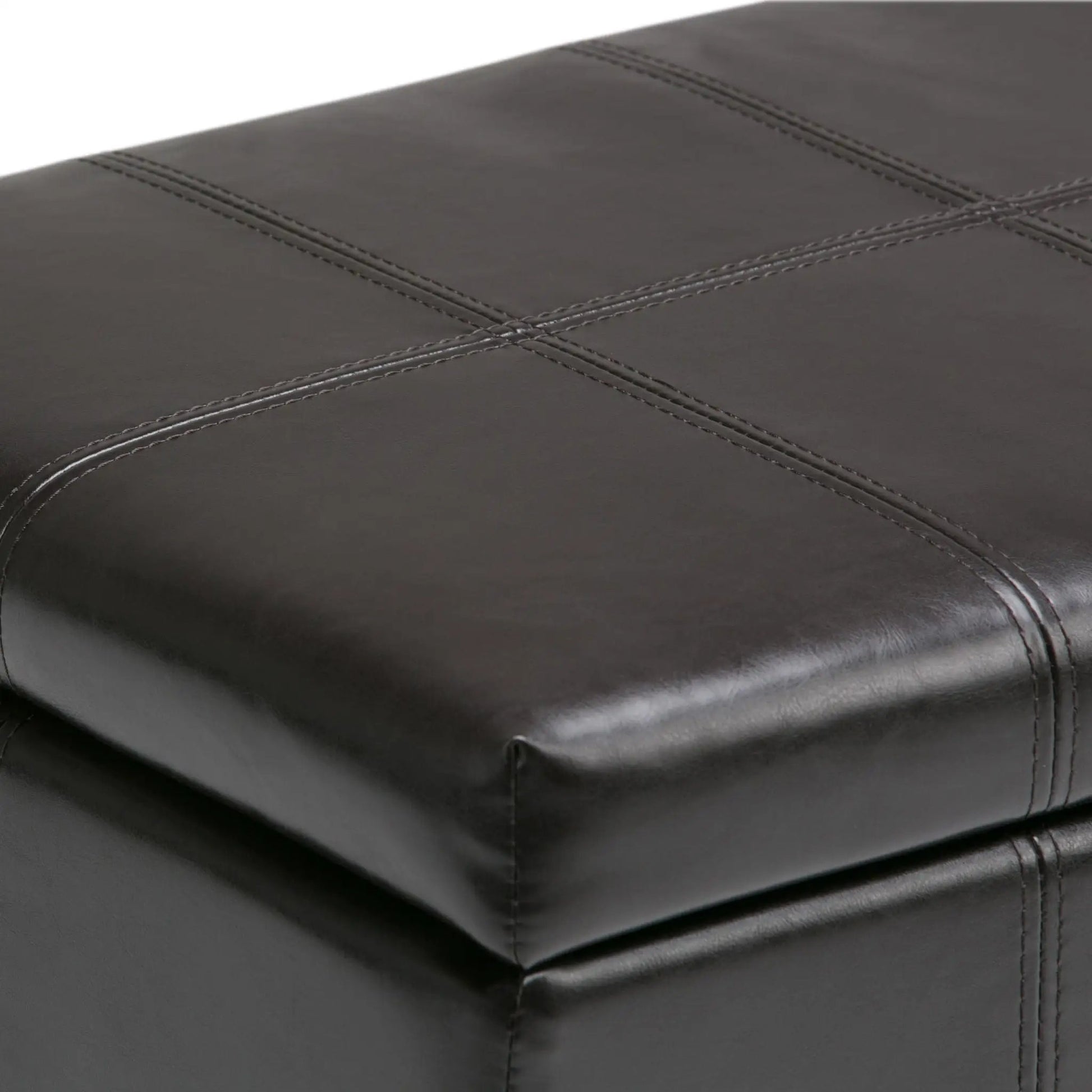 Dover multifunctional storage ottoman bench in dark brown leather with grid-stitched panels on Tampa Home & Garden Store