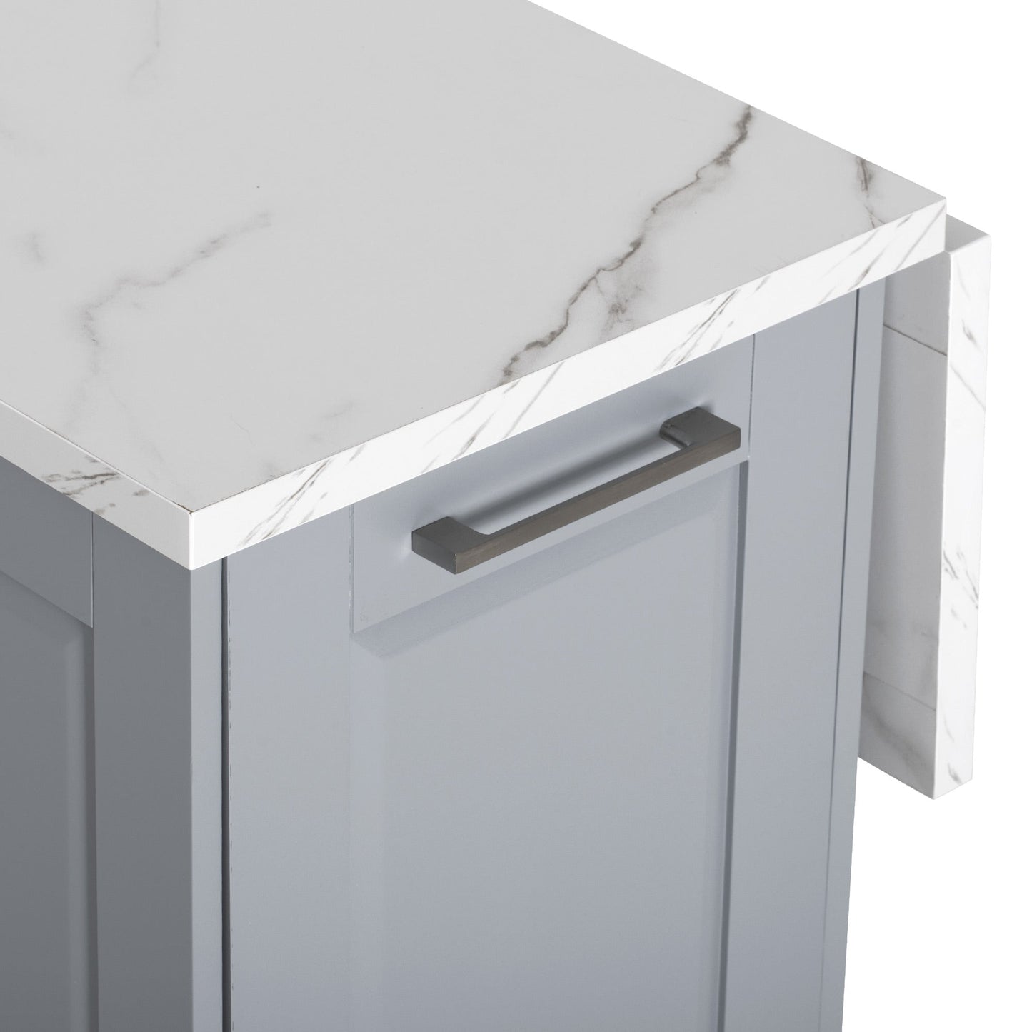 K&K Kitchen Island with Tilt Trash Can, gray base and marble top on Tampa Home & Garden Store