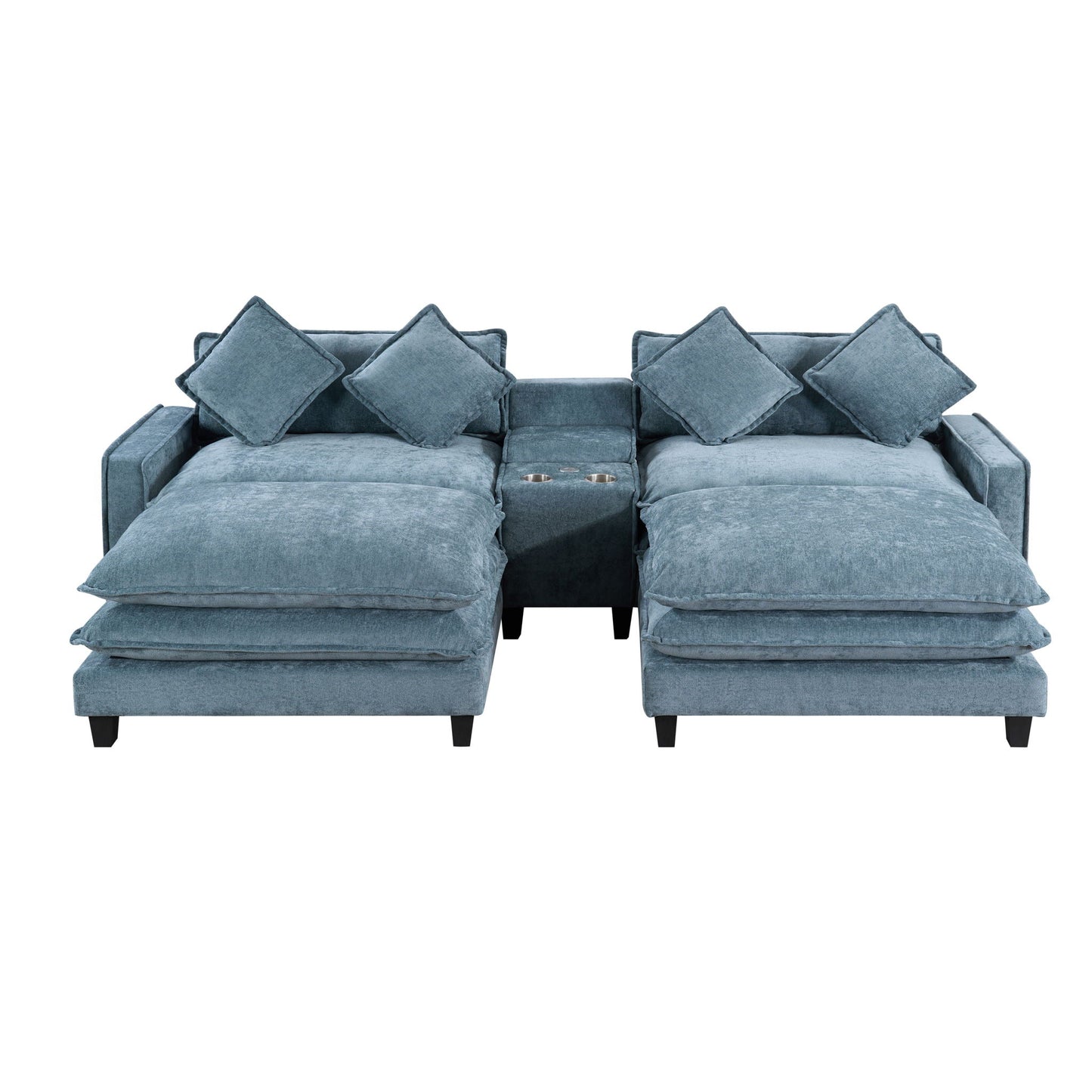 Modern blue 3-piece sectional sofa by HouseOfZazla with removable ottomans and cupholder console on Tampa Home & Garden Store