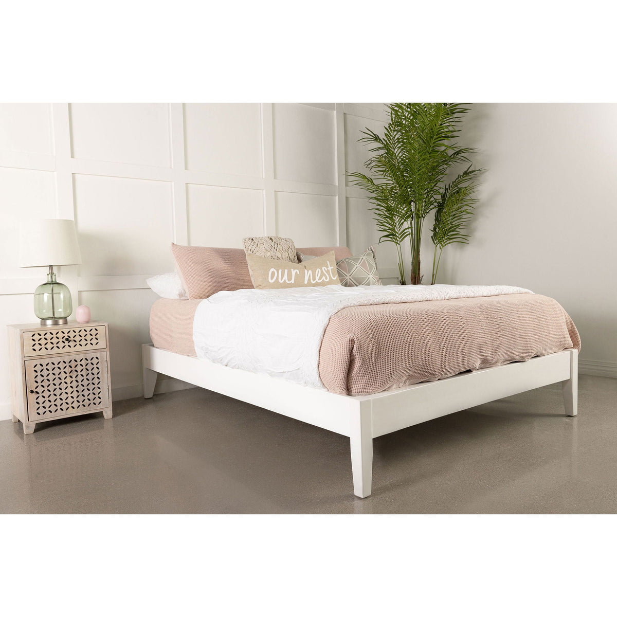 Hounslow Platform Bed white finish with blush pink bedding and low-profile frame on Tampa Home & Garden Store