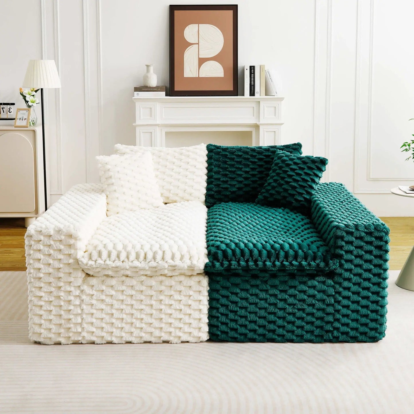 Multifunctional sofa with white and teal chunky-knit throws in a bright living room on Tampa Home & Garden Store