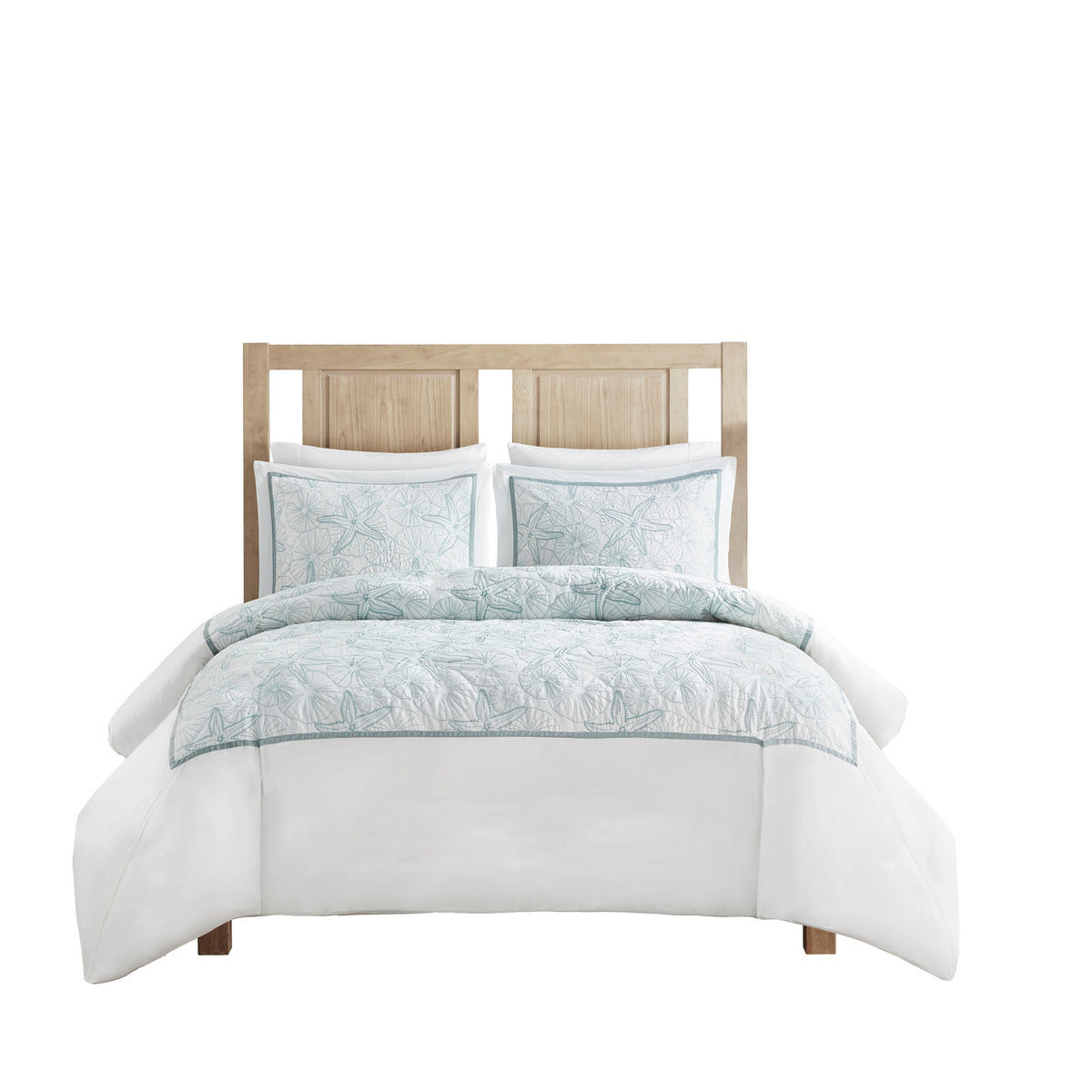 White cotton duvet cover set with embroidered seashells in blue, two shams, HouseOfZazla on Tampa Home & Garden Store