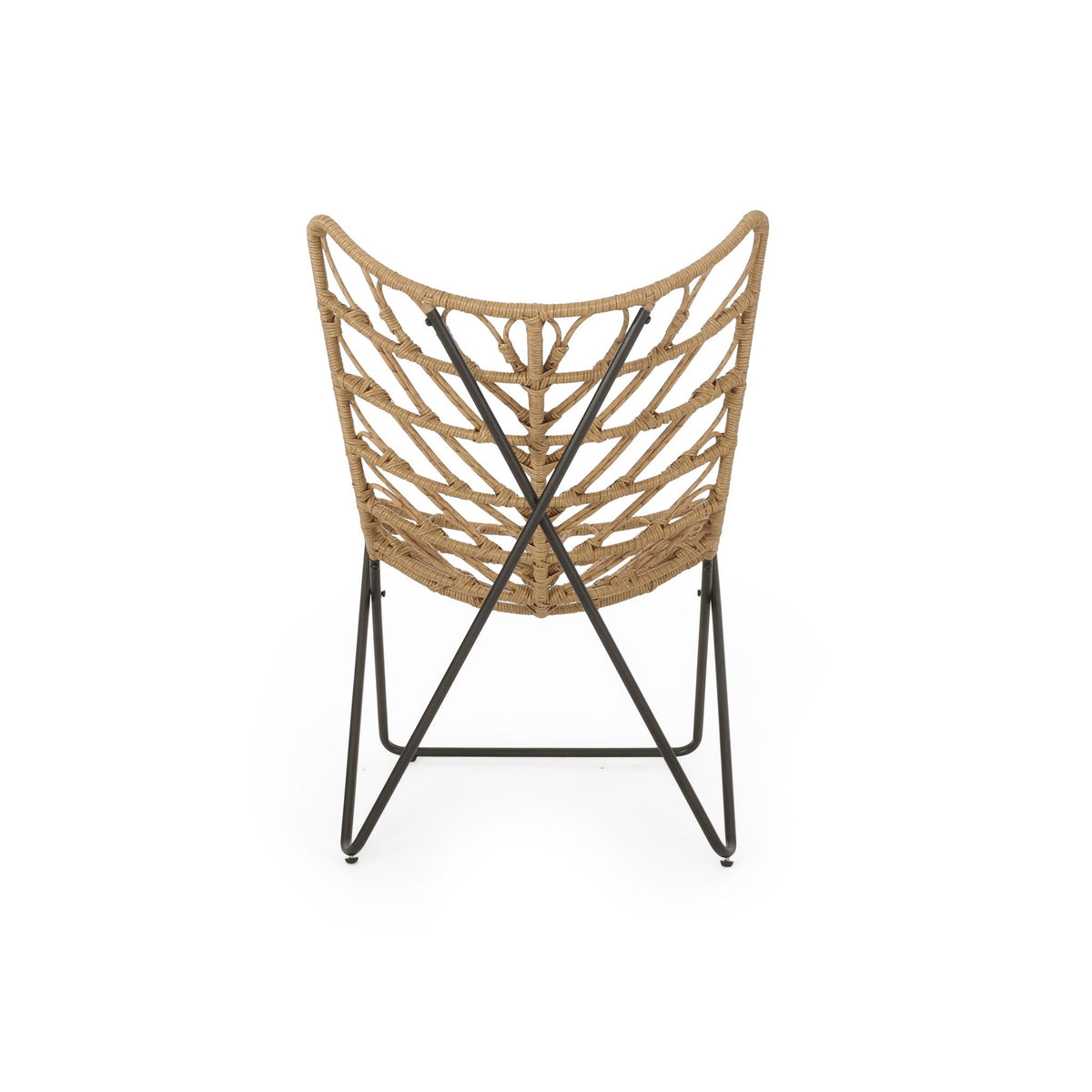 Bryson light brown outdoor chair HouseOfZazla woven rattan with geometric black cross base on Tampa Home & Garden Store