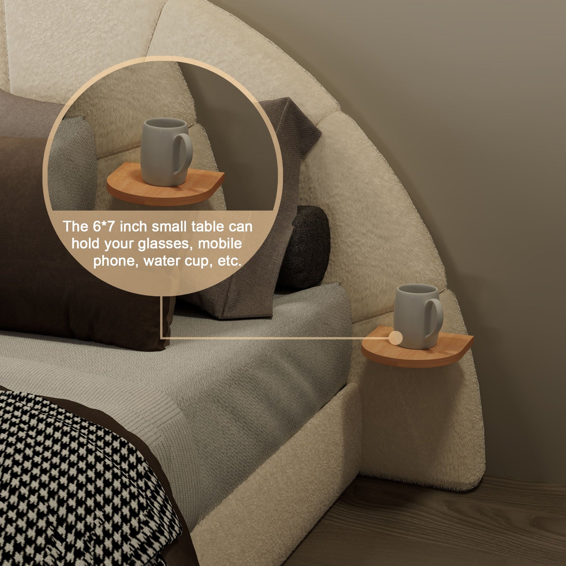 Queen arched beige upholstered bed by HouseOfZazla with two round wood nightstands and mugs on Tampa Home & Garden Store