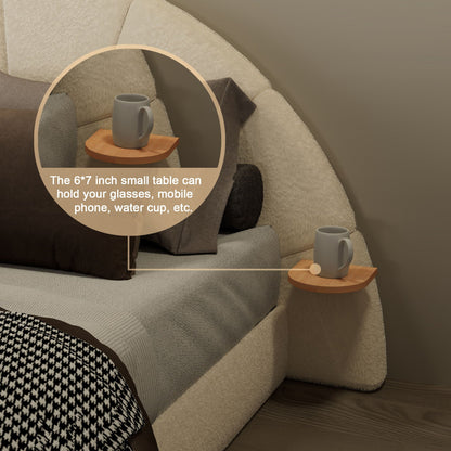 Queen arched beige upholstered bed by HouseOfZazla with two round wood nightstands and mugs on Tampa Home & Garden Store