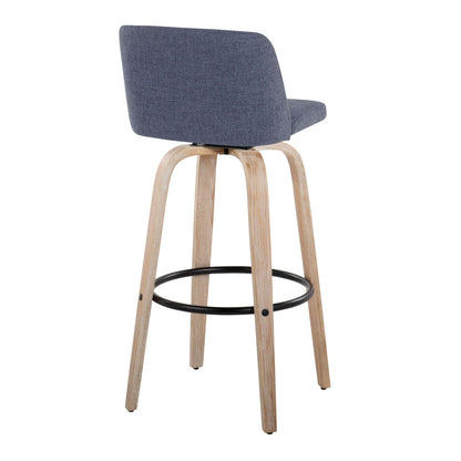 Mid-century modern fixed-height bar stool with swivel footrest, blue fabric, wood legs on Tampa Home & Garden Store