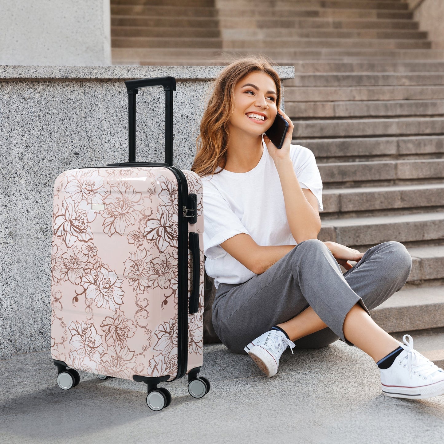 GigaTech 5-piece PC+ABS hardside luggage set floral pink pattern with spinner wheels on Tampa Home & Garden Store