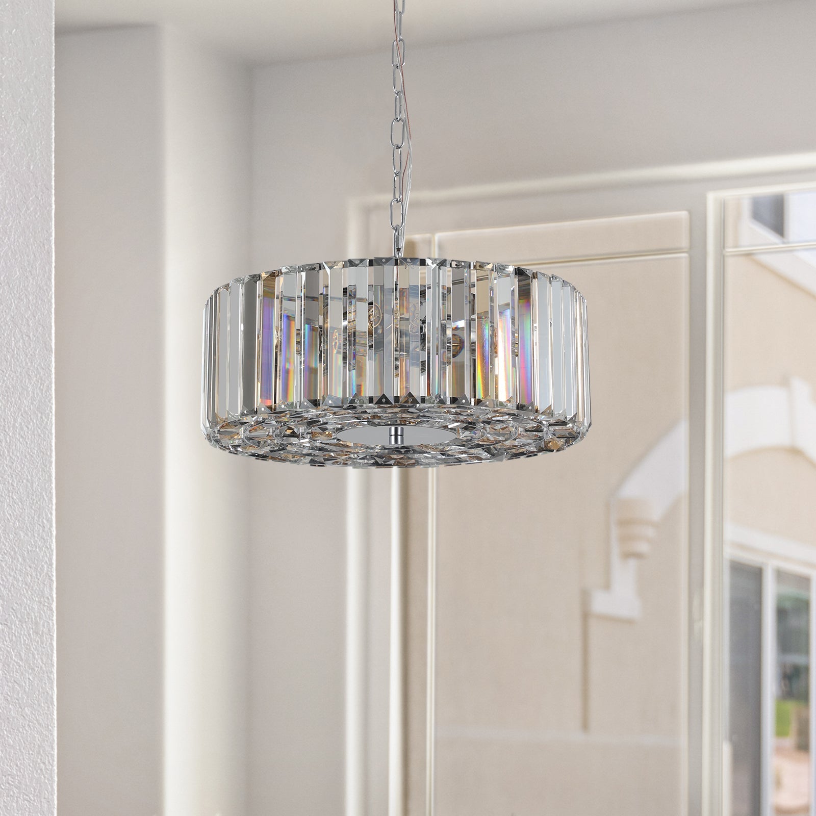 17' Chrome Crystal Pendant Chandelier with drum silhouette and vertical prisms HouseOfZazla on Tampa Home & Garden Store