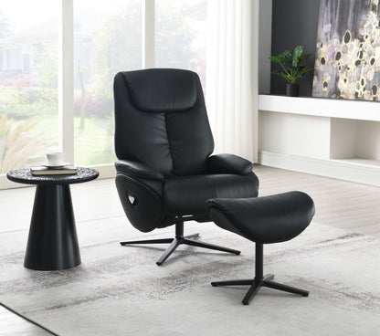 Top grain leather reclining chair and ottoman with swivel in black, modern home office setting on Tampa Home & Garden Store