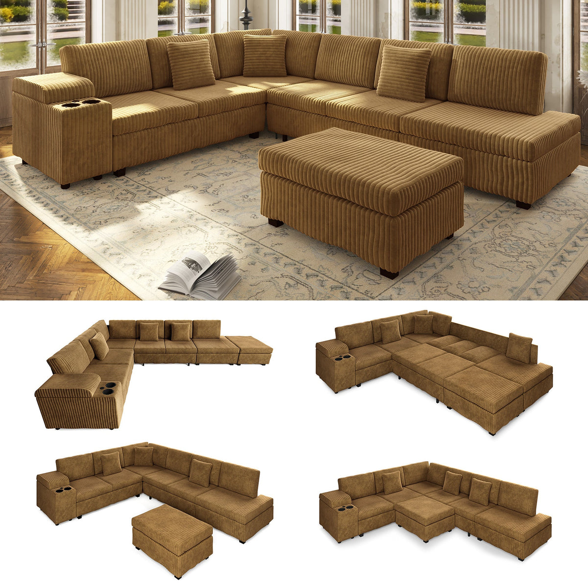 Luxury Camel L Shaped Sofa And Ottoman Set