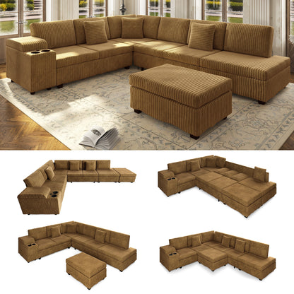 Luxury Camel L Shaped Sofa And Ottoman Set