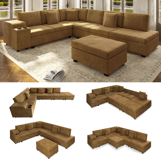 L-shaped camel sectional sofa set with removable ottoman in corduroy texture by HouseOfZazla on Tampa Home & Garden Store