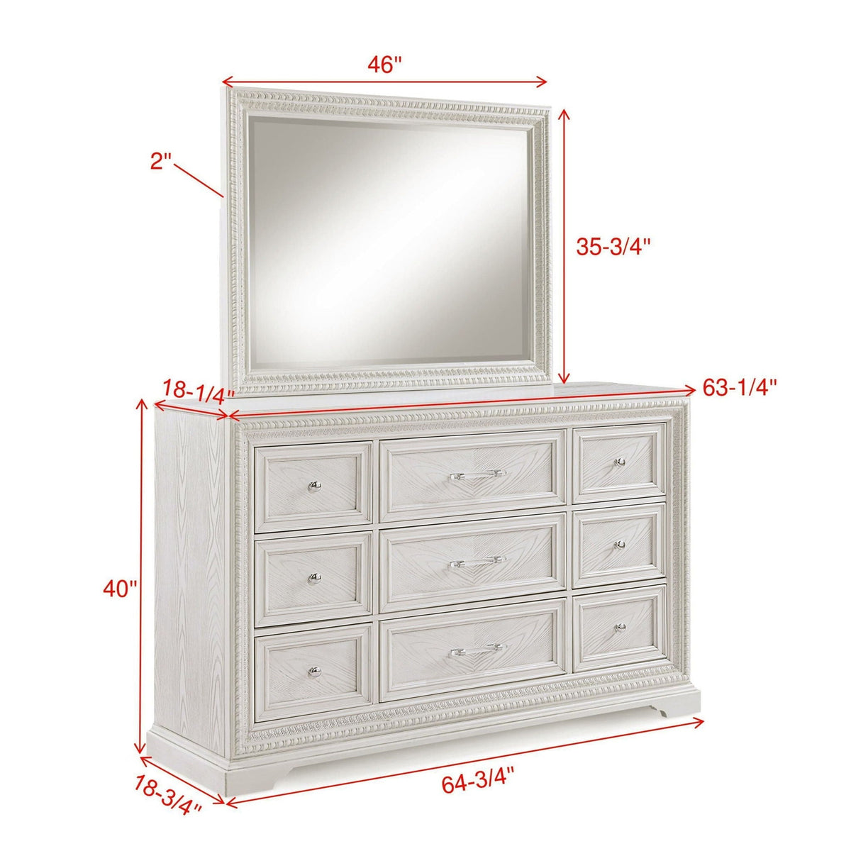 HouseOfZazla 6-drawer dresser with ornate frame and matching mirror set in antique white on Tampa Home & Garden Store