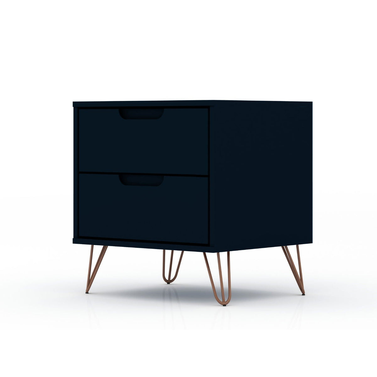2 Drawer Nightstand navy blue finish with two drawers and splayed copper legs on Tampa Home & Garden Store