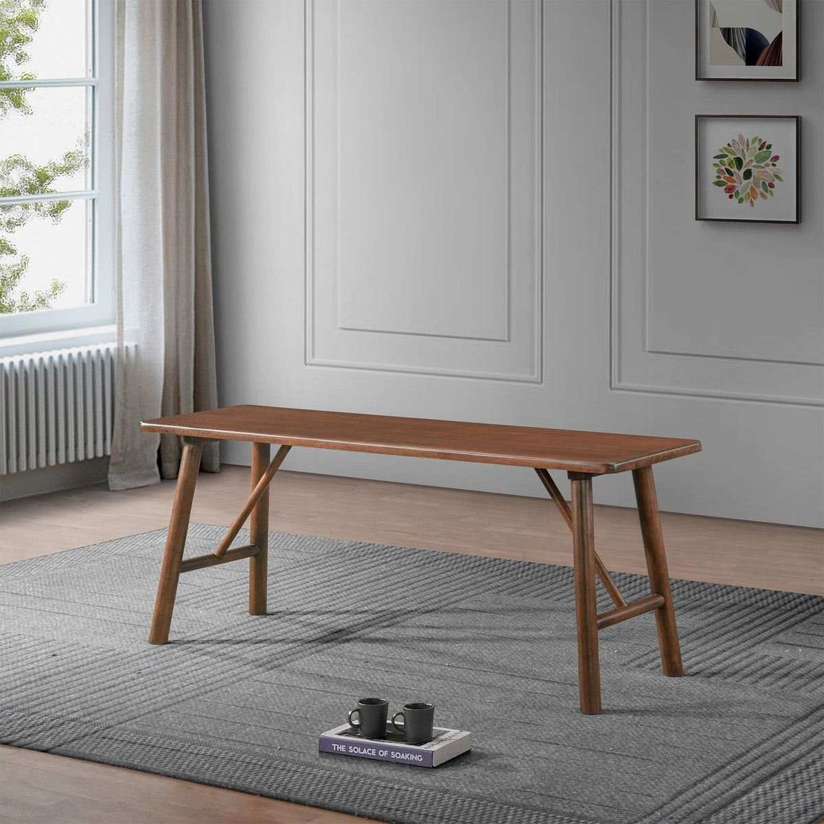 Walnut Brown Accent Bench in solid wood, HouseOfZazla mid-century style on Tampa Home & Garden Store