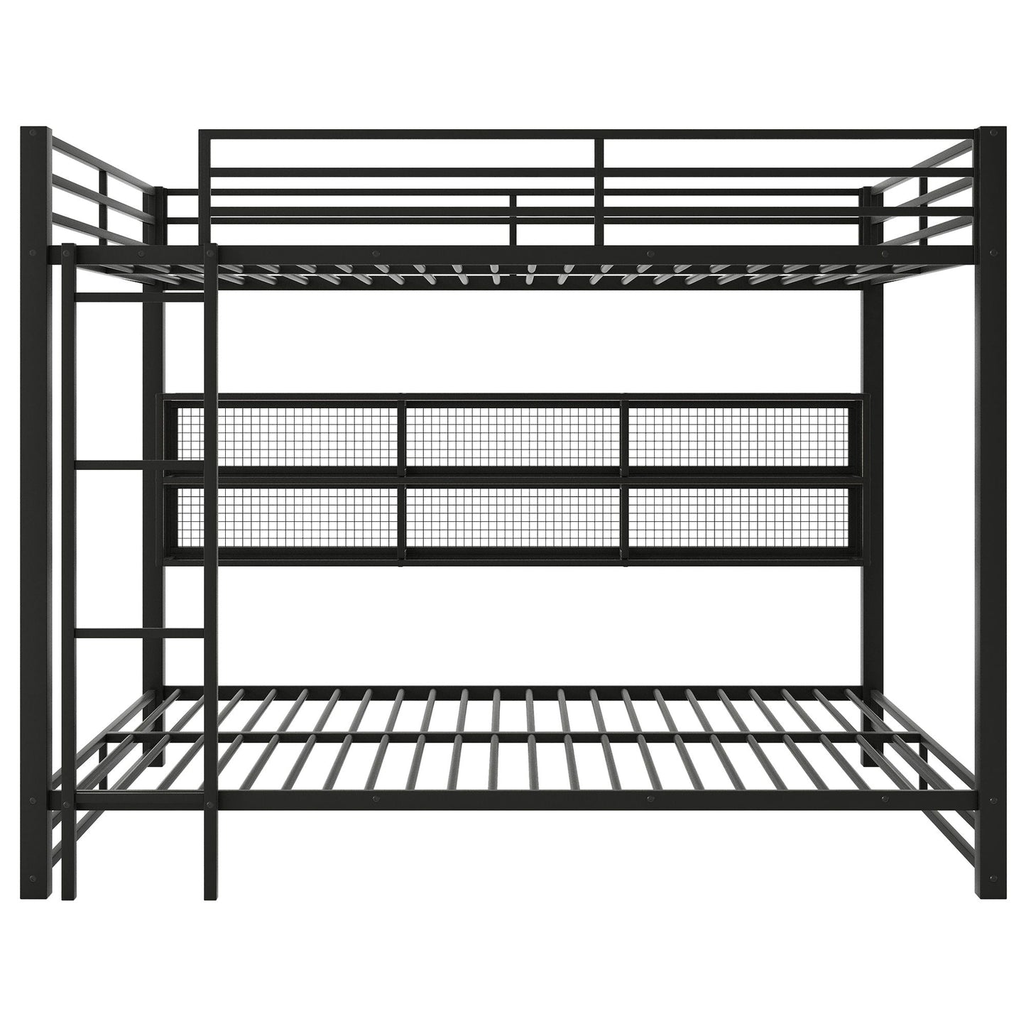 Queen over Queen bunk bed in black metal with guard rails, ladder, and mesh storage panels on Tampa Home & Garden Store