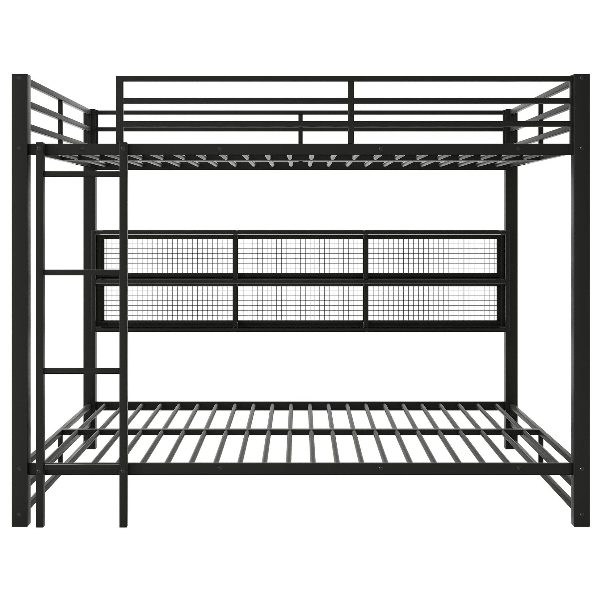 Queen over Queen bunk bed in black metal with guard rails, ladder, and mesh storage panels on Tampa Home & Garden Store